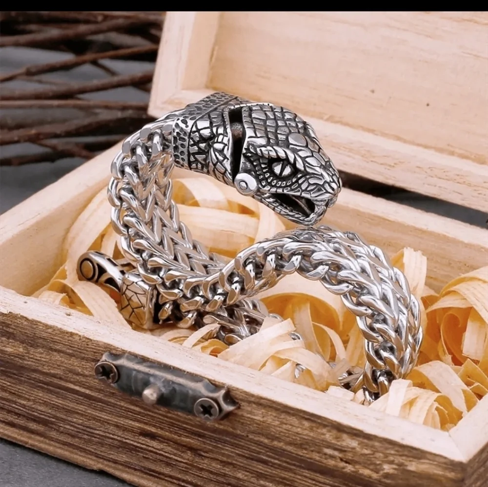 Nordic Viking Stainless Steel Snake Head Men Bracelet 9" - Picture 6 of 7